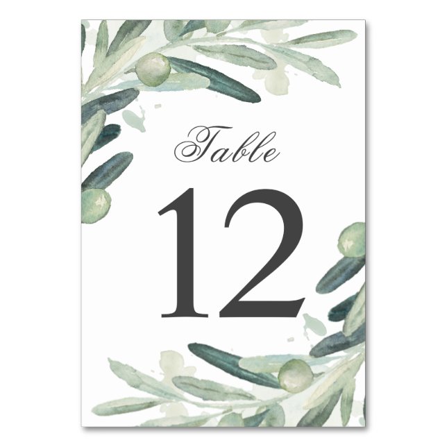 Elegant Watercolor Olive Sprig Branch Greenery Table Number (Front)