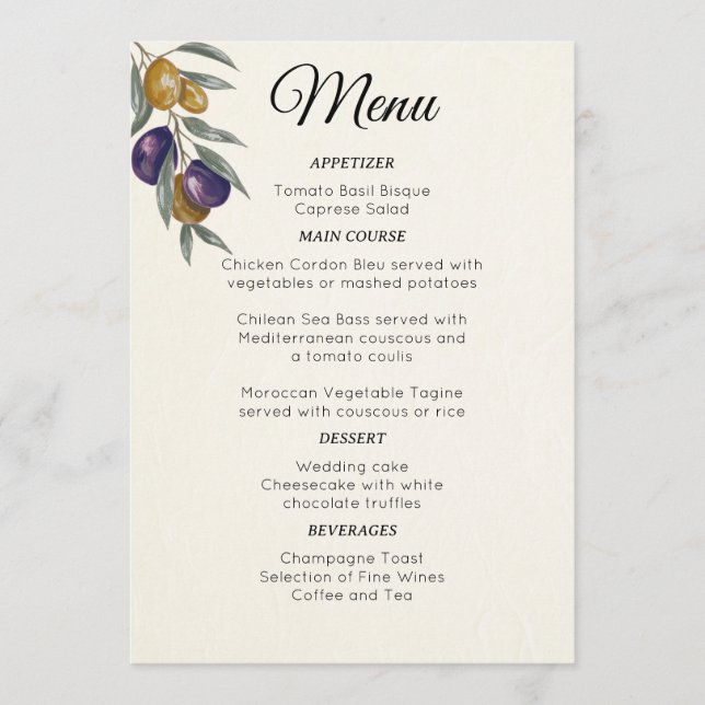 Elegant Watercolor Olive Wedding Menu (Front)
