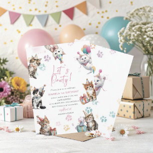 Elegant  Watercolor One 1st Birthday Kitten cat bi Invitation