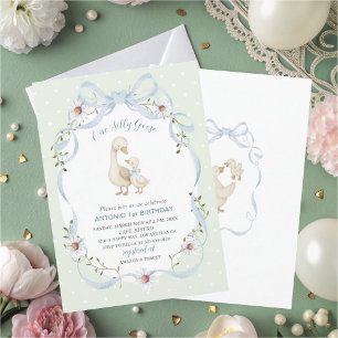 Elegant Watercolor One 1st Birthday silly goose B Invitation