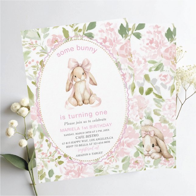 Elegant  Watercolor One 1st Birthday some bunny Gi Invitation (Creator Uploaded)