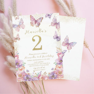 Elegant Watercolor One 2nd Birthday Butterfly Gir Invitation