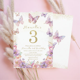 Elegant  Watercolor One 3rd Birthday Butterfly Gir Invitation