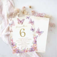 Elegant Watercolor One 6th Birthday Butterfly Gir
