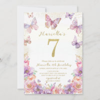 Elegant Watercolor One 7th Birthday Butterfly Gir