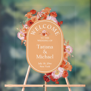 elegant watercolor orange floral welcome wedding  acrylic sign