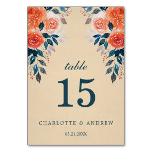 Elegant Watercolor Orange Roses Wedding Table Number
