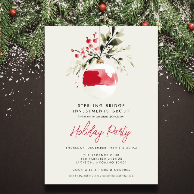 Elegant Watercolor Ornament Business Holiday Party (Personalize for your business holiday party or open house. Back features a soft mistletoe pattern.)