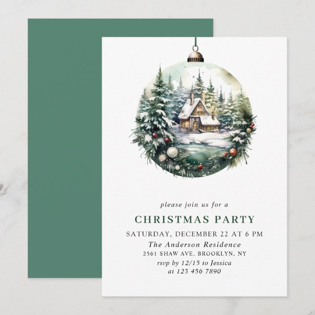 Elegant Watercolor Ornament Christmas Party Invitation (Front/Back)