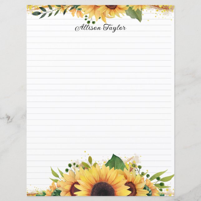 Elegant Watercolor Painted Sunflowers Floral Lined (Front)