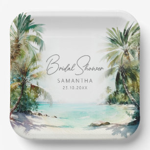 Elegant Watercolor Palm Tree Beach Bridal Shower Paper Plate