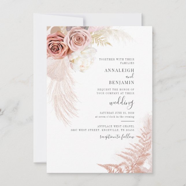 Elegant Watercolor Pampas Grass Terracotta Wedding Invitation (Front)