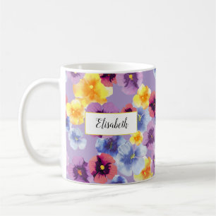 Elegant Watercolor Pansy Personalized Lavender Coffee Mug