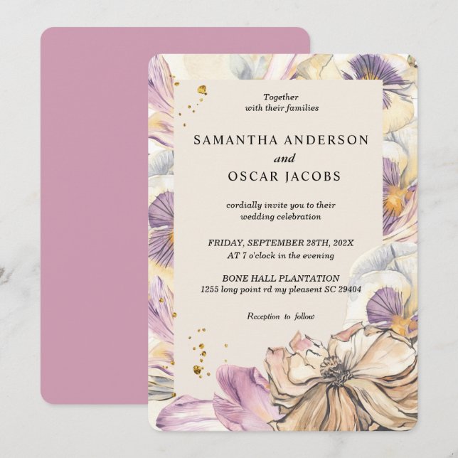 Elegant Watercolor Pansy & Purple Flowers  Invitation (Front/Back)
