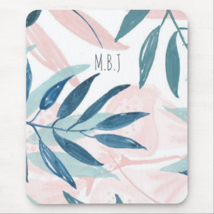 Elegant Watercolor Pastel Leaves Monogram Mouse Pad