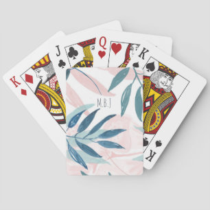 Elegant Watercolor Pastel Leaves Monogram Playing Cards