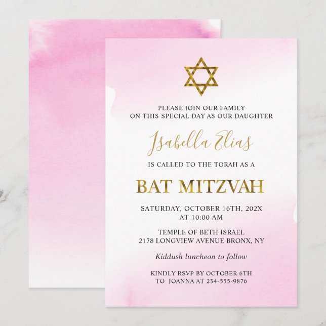 Elegant Watercolor Pastel Pink Gold Bat Mitzvah  Invitation (Front/Back)