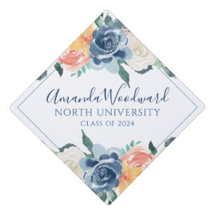 Elegant Watercolor Peach Blue Graduation Cap Topper