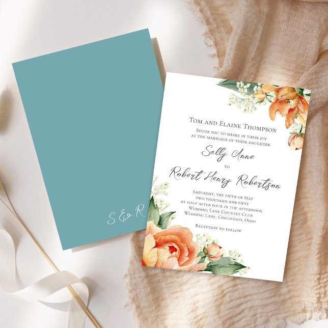 Elegant Watercolor Peach Wedding Floral Blue Invitation (Peach floral elegant invitation)