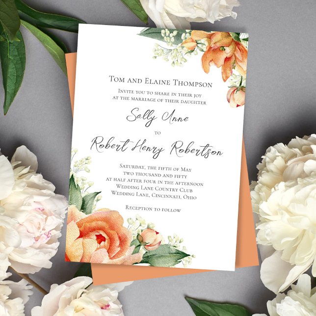 Elegant Watercolor Peach Wedding Floral Invitation (Peach floral elegant invitation)