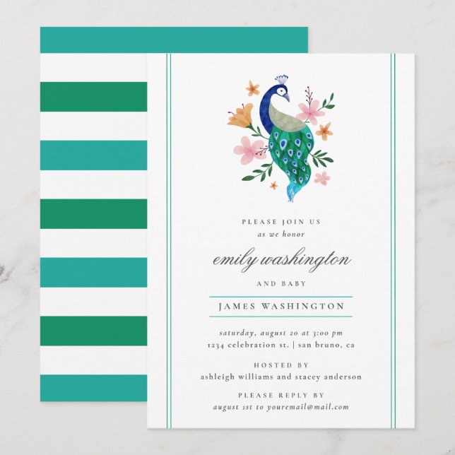 Elegant Watercolor Peacock Baby Shower Invitation (Front/Back)