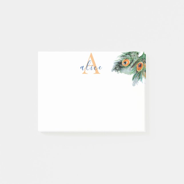 Elegant Watercolor Peacock Feather Monogram Post-it Notes (Front)