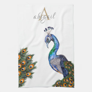 Elegant Watercolor Peacock Monogram Kitchen Towel