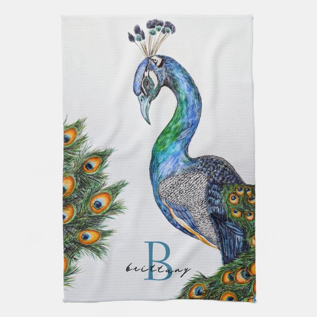 Elegant Watercolor Peacock Monogram Kitchen Towel (Vertical)