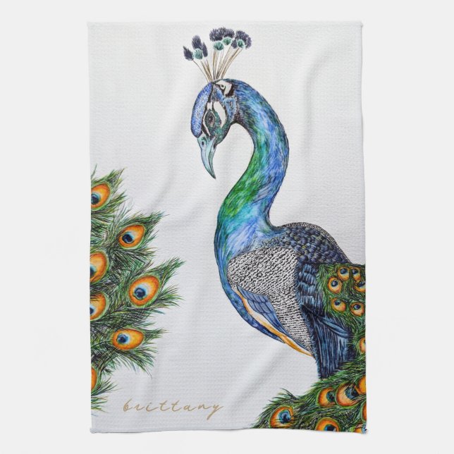 Elegant Watercolor Peacock Monogram Kitchen Towel (Vertical)
