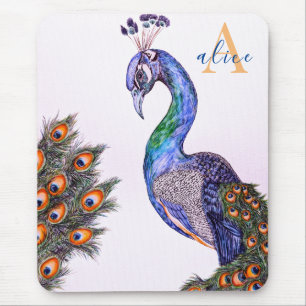 Elegant Watercolor Peacock Monogram Pink Mouse Pad