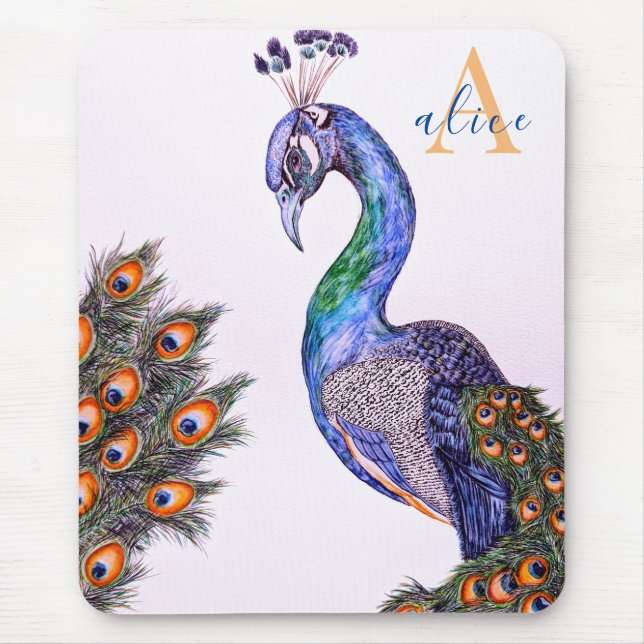 Elegant Watercolor Peacock Monogram Pink Mouse Pad (Front)