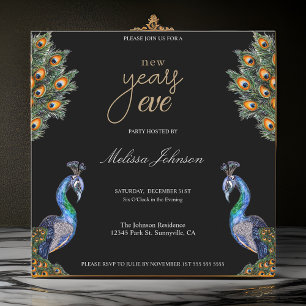Elegant Watercolor Peacock New Year's Eve Party Invitation