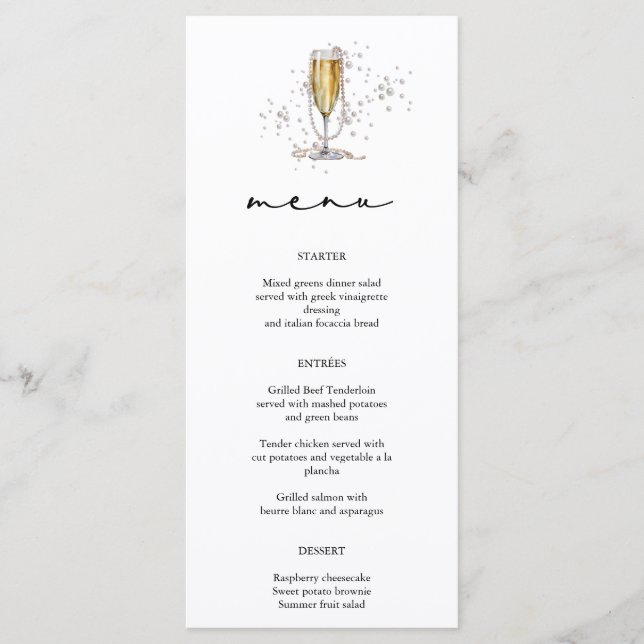 Elegant Watercolor Pearls & Prosecco Bridal Shower Menu (Front)