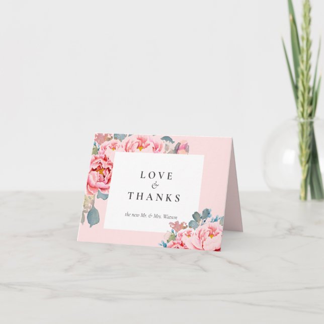 Elegant Watercolor Peonies Wedding  Thank You Card (Front)