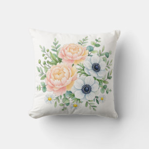 Elegant watercolor peony and white anemone floral throw pillow