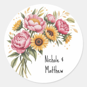 Elegant Watercolor Peony Bouquet Wedding Classic Round Sticker