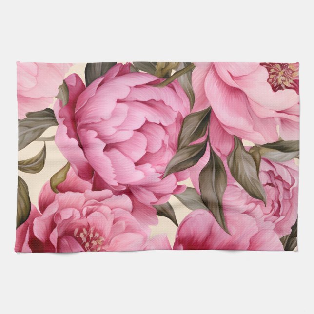 Elegant Watercolor Peony Flowers Kitchen Towel (Horizontal)