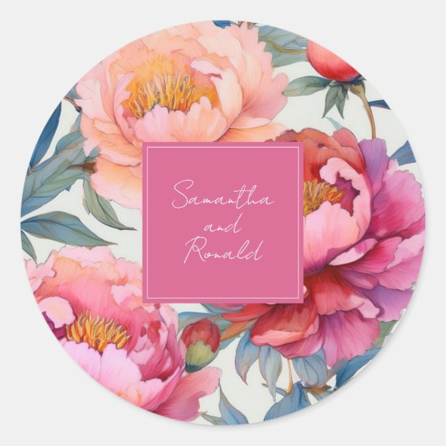 Elegant Watercolor Peony Flowers Wedding Classic Round Sticker (Front)