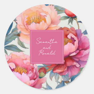 Elegant Watercolor Peony Flowers Wedding Classic Round Sticker