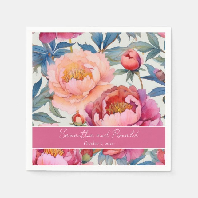 Elegant Watercolor Peony Flowers Wedding Napkin (Front)
