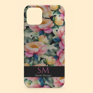 Elegant Watercolor Peony on Black Monogram iPhone 13 Case