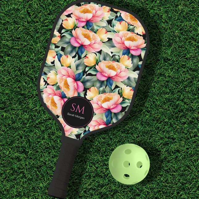 Elegant Watercolor Peony on Black Monogram Pickleball Paddle (Creator Uploaded)