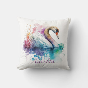 Elegant Watercolor Personalized Swan Birthday Gift Throw Pillow