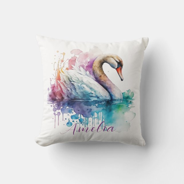 Elegant Watercolor Personalized Swan Birthday Gift Throw Pillow (Front)