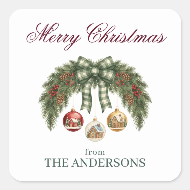 Elegant Watercolor Pine and Berry Merry Christmas Square Sticker (Front)