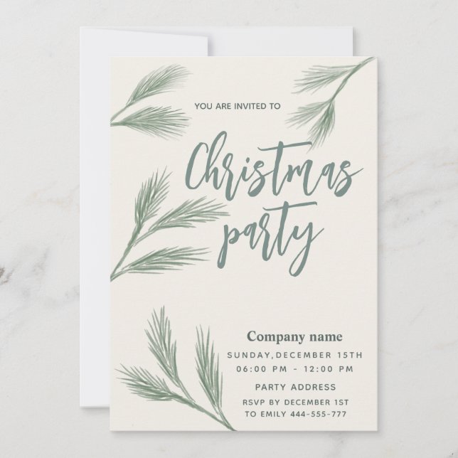 Elegant  Watercolor pine branch Christmas party  Invitation (Front)