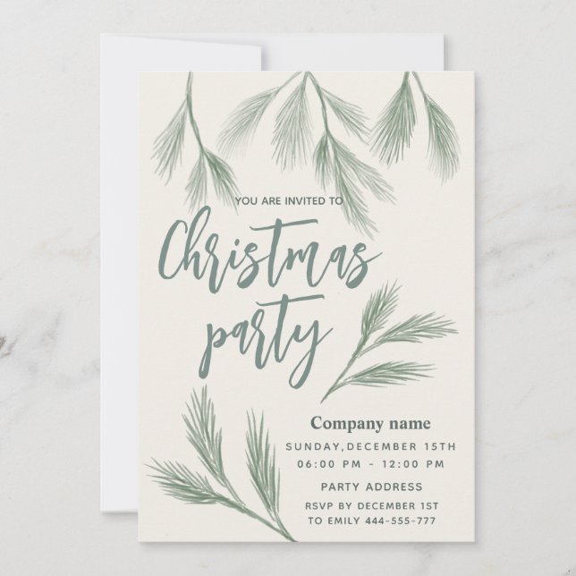 Elegant  Watercolor pine branch Christmas party  Invitation (Front)