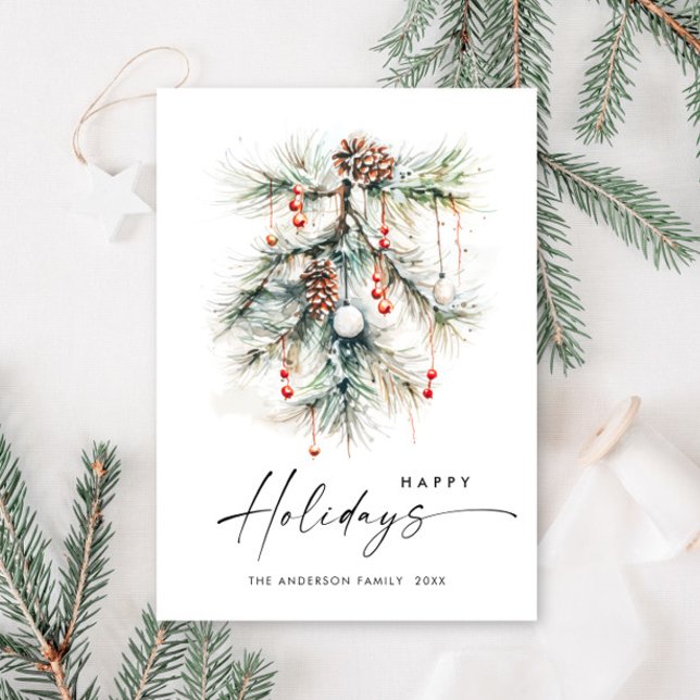 Elegant Watercolor Pine Cones Branch Christmas Holiday Card (Creator Uploaded)