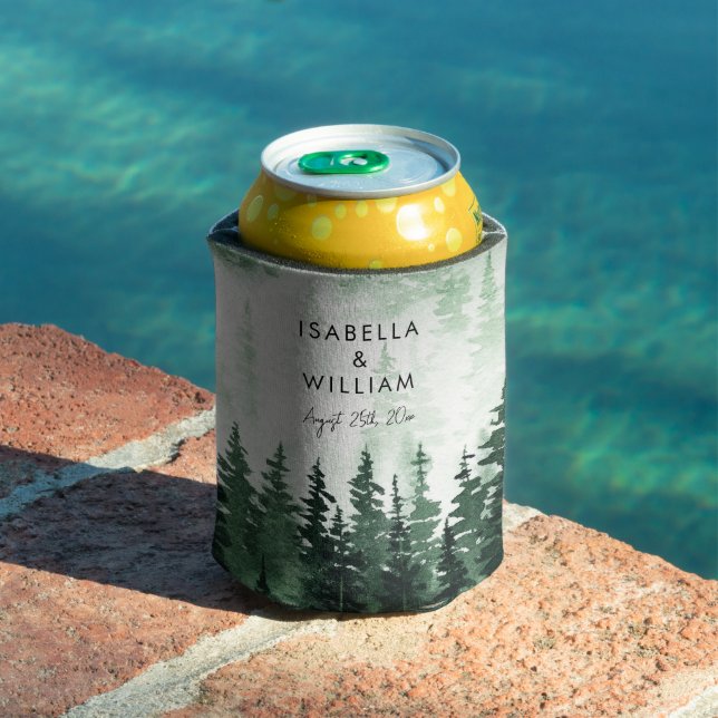 Elegant Watercolor Pine Forest Personalized  Can Cooler (In Situ Pool)