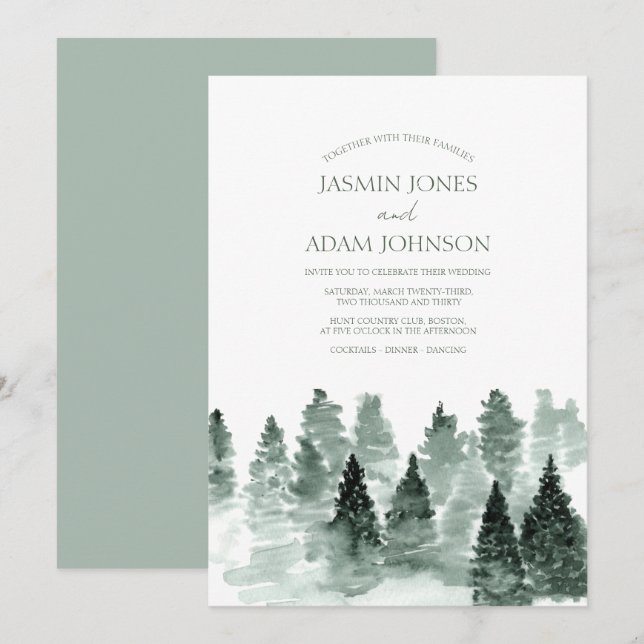 Elegant Watercolor Pine Forest Wedding Invitation (Front/Back)